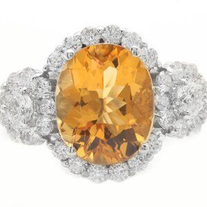 4.48 Carat Natural Yellow Citrine and Diamonds in 14K Solid White Gold Ring